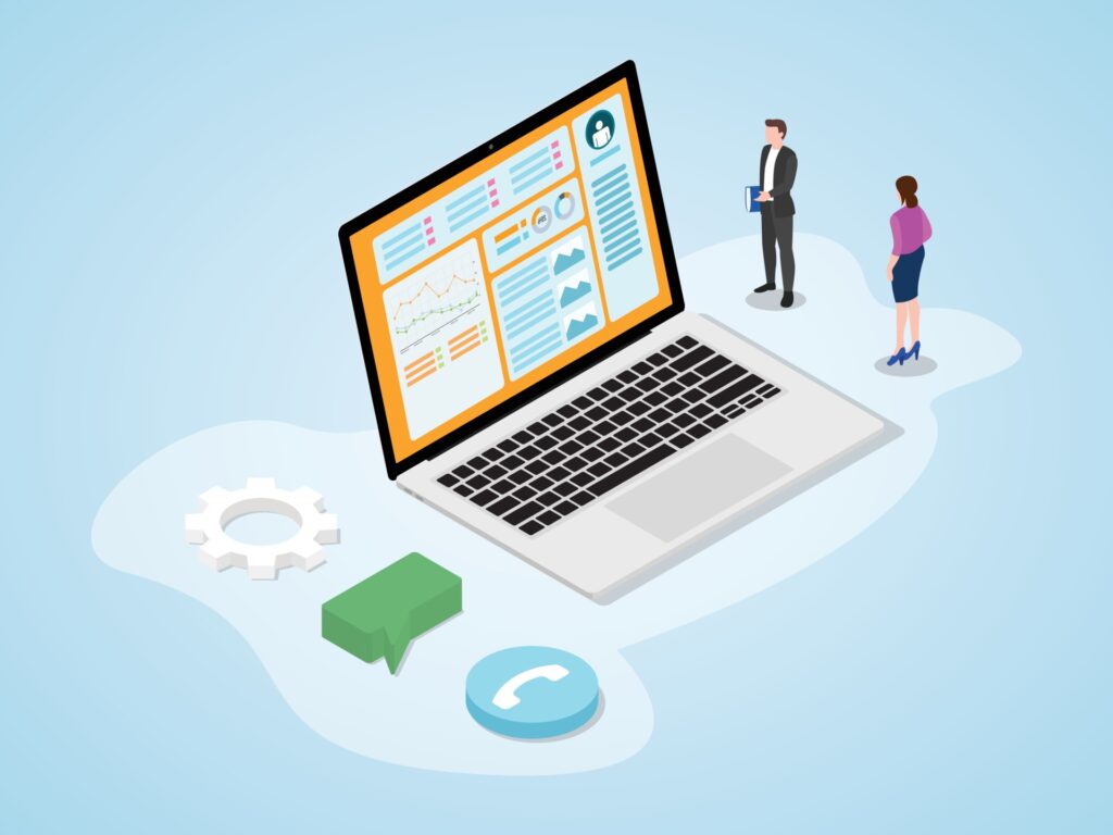 computervector2 Isometric laptop showing analytics dashboard, with business team, CRM gear, chat and phone icons