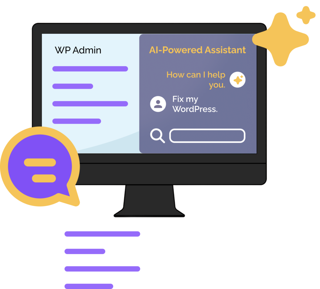 graphic Desktop showing WordPress admin dashboard with AI-powered assistant chatbot and search bar