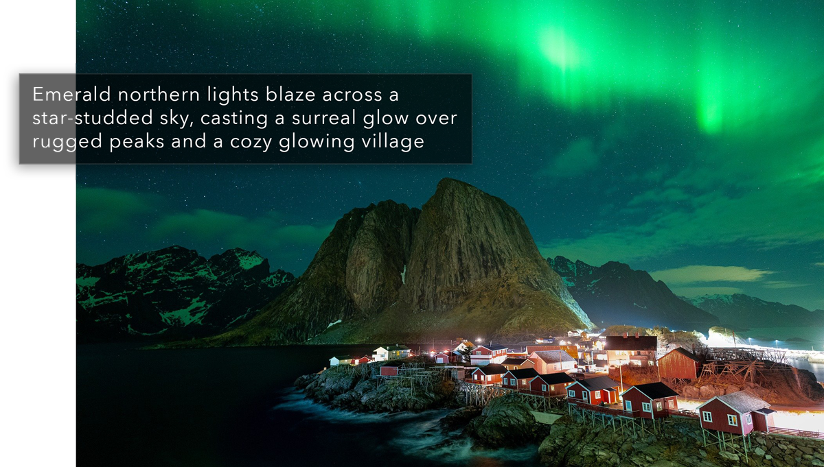 northernlights4 Emerald northern lights blaze across a star-studded sky, casting a surreal glow over rugged peaks and a cozy glowing village below.