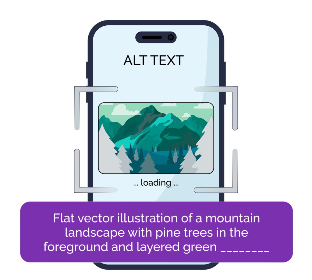 Smartphone screen showing alt text interface with loading mountain landscape illustration